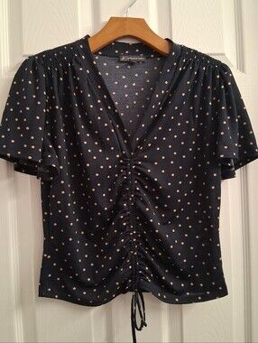 Adrianna Papell Cropped Navy Dot Blouse Small